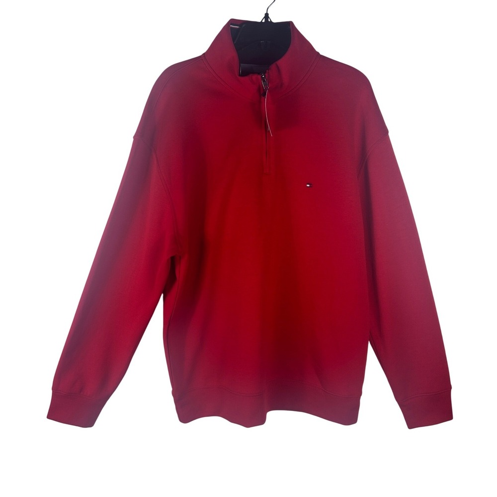 Tommy Hilfiger Mens Red Quarter Zip Pullover Sweatshirt Logo Large NEW